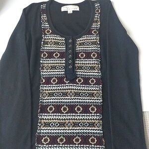 Shirt Tee Vintage Havana Waffle Aztec Print  Cowboy Long Sleeve Boho Size Small
